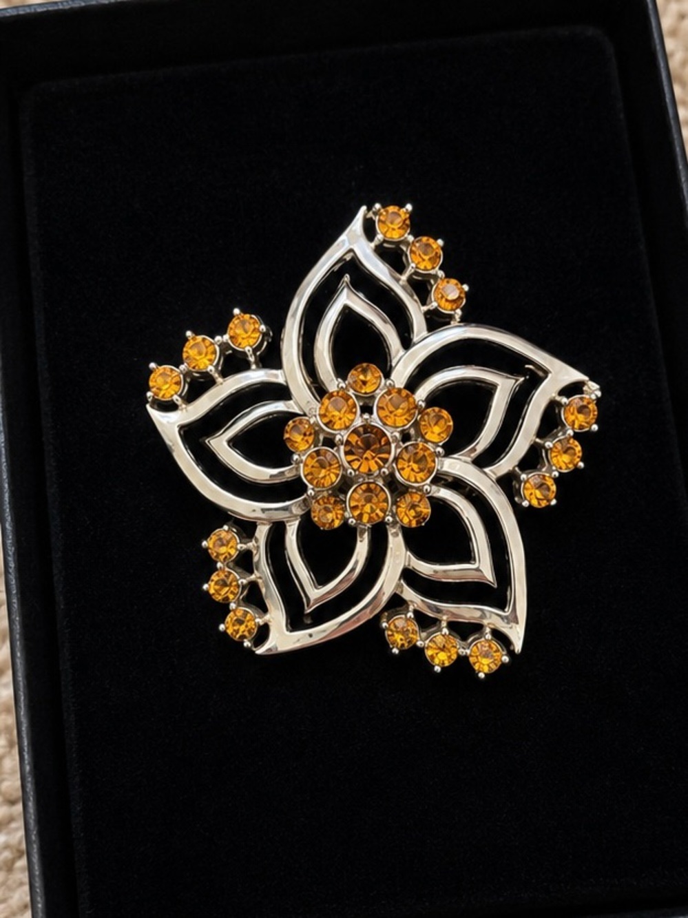 Vintage Cora Amber Rhinestone Floral Brooch | Silver Tone Openwork Pin | Signed